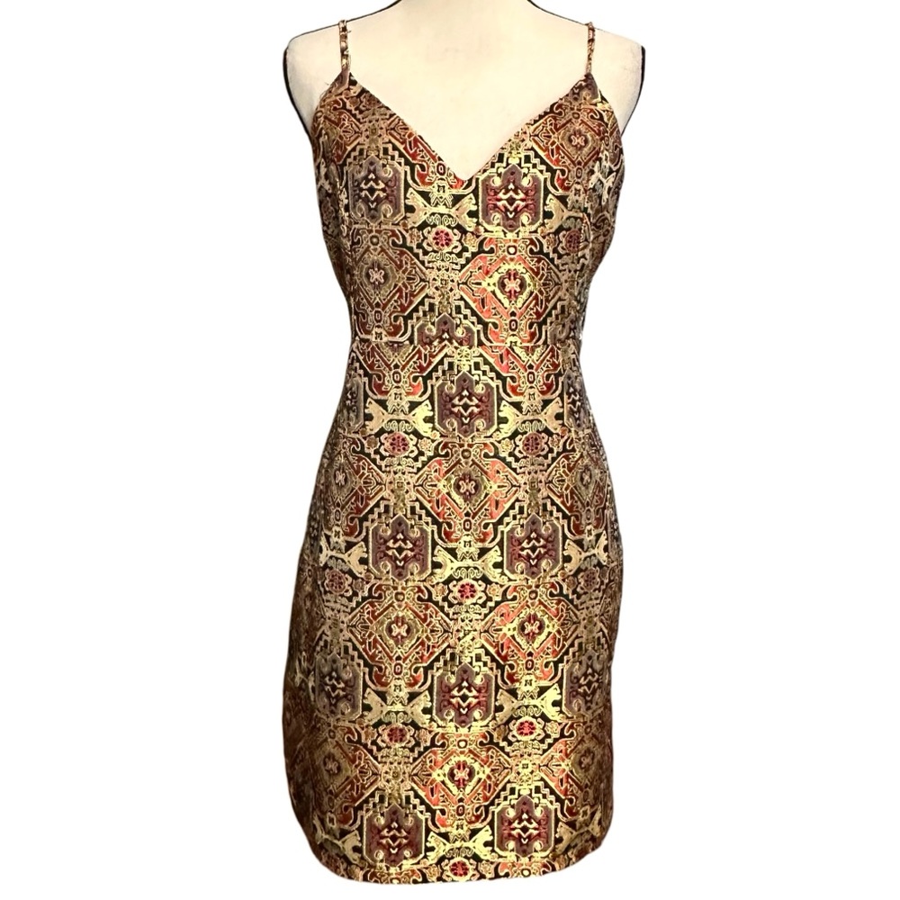 Gianni Bini Dress L Gold Brocade Mini - Picture 2 of 9